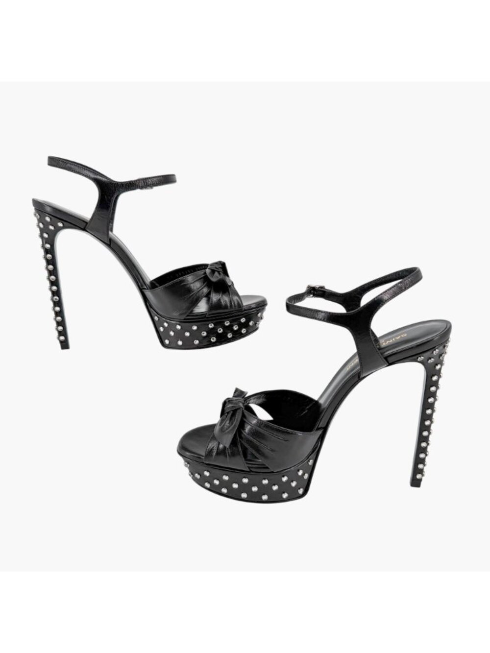Saint Laurent Crystal Platform Sandals Heels Black Leather Size 39.5 US 9.5 Bow - Picture 11 of 16